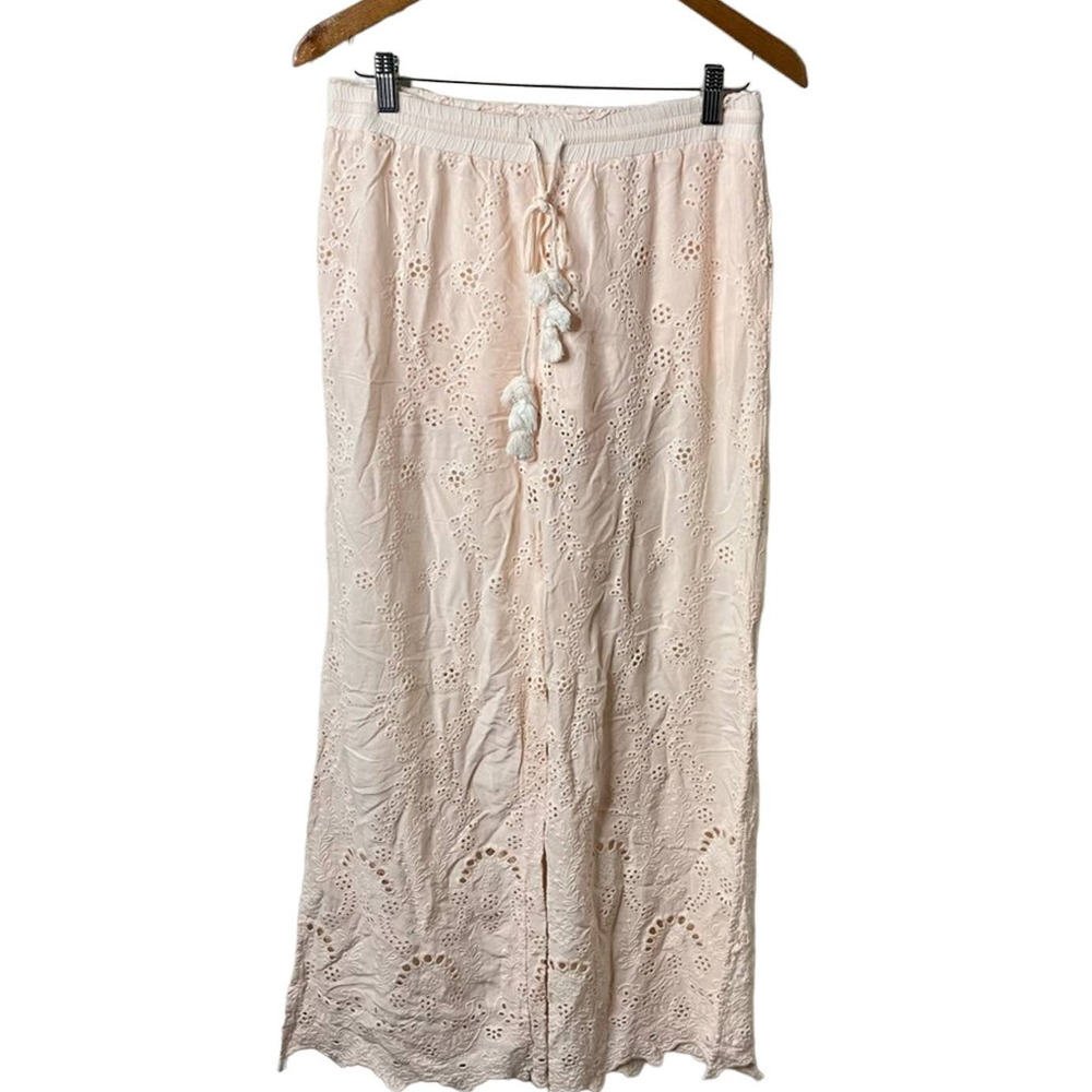 Free People Movement Peach Pink Eyelet Scallop Tie Waist Boho Wide Leg Pant M